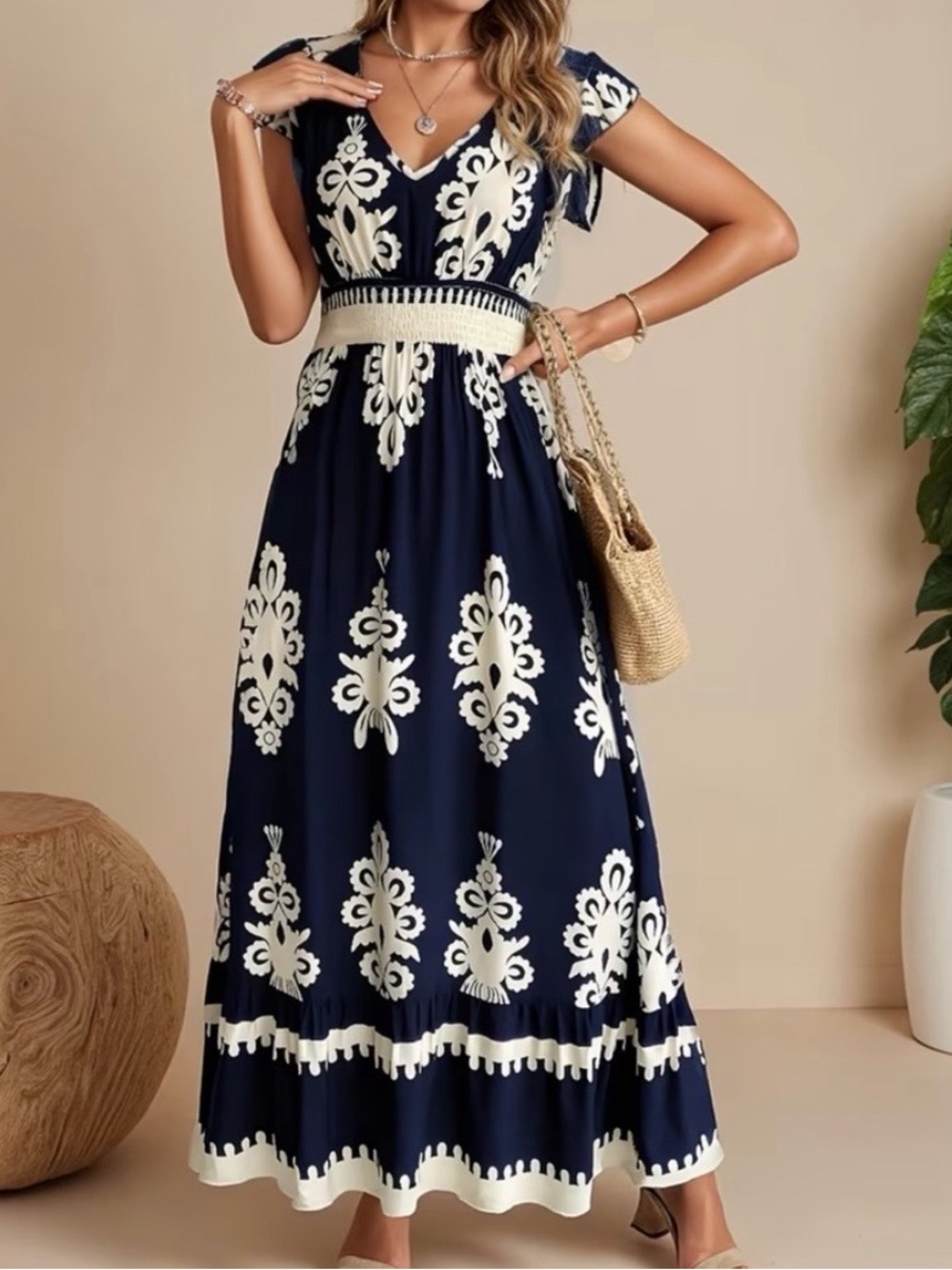 Navy Floral Embroidered Maxi Dress - Women's V-Neck